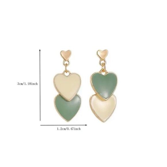 NWT Green Milky White Two-Toned Double Heart Boho Dangle Earrings - Picture 4 of 10